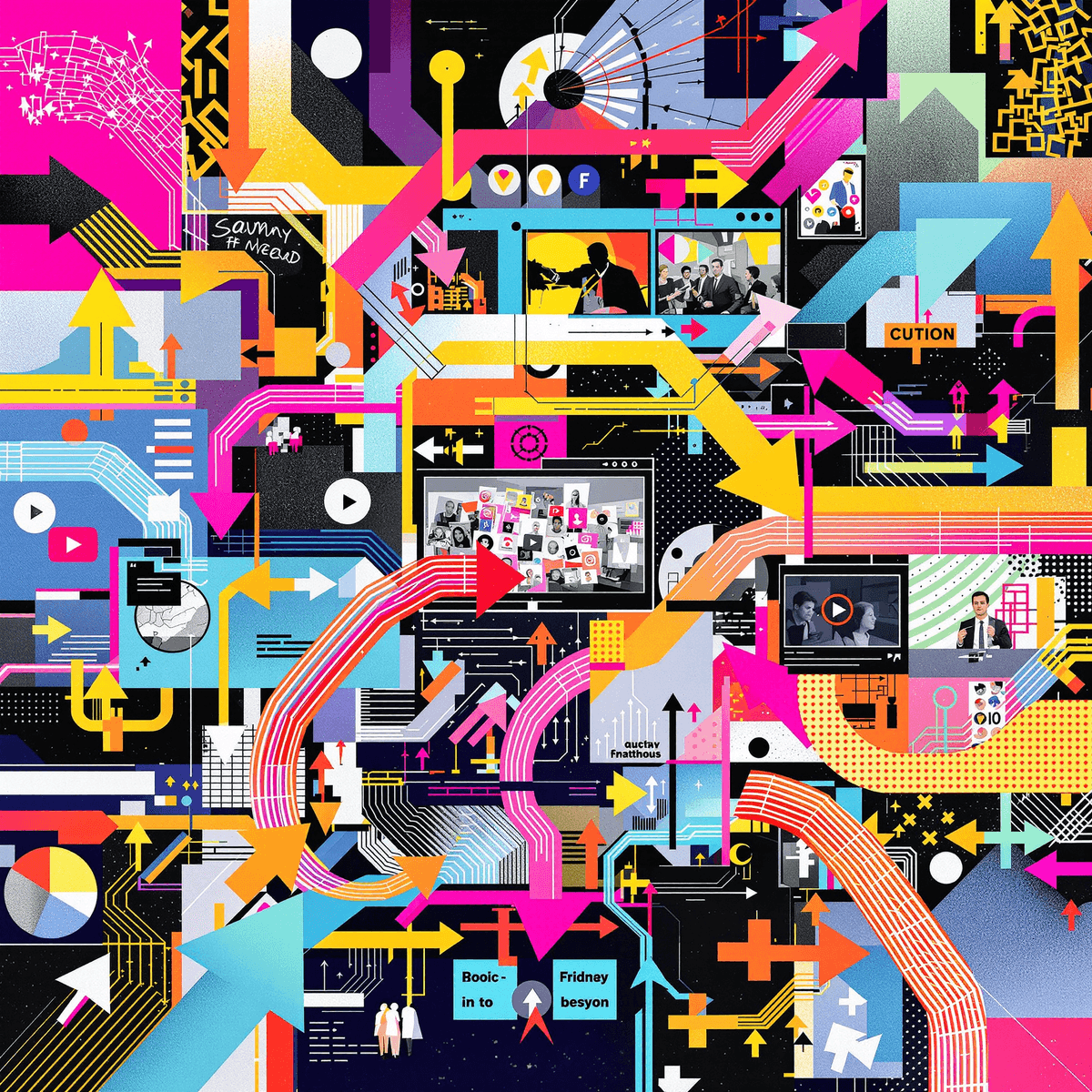 A vibrant digital collage of abstract arrows and flowing lines connecting video frames in bright colors on a sleek, modern background.