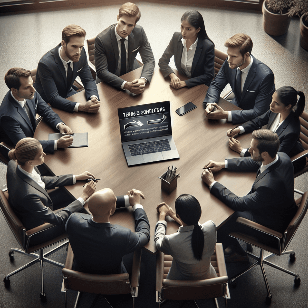 A diverse group of business professionals, including individuals of Caucasian, Asian, and Hispanic descent, engaged in a serious discussion around a finely crafted conference table. They are dressed in formal business attire, with their focus on an open laptop displaying a 'Terms & Conditions' generator interface. Their expressions reflect dedication and collaboration, highlighting the importance of legal agreements in their business meeting.