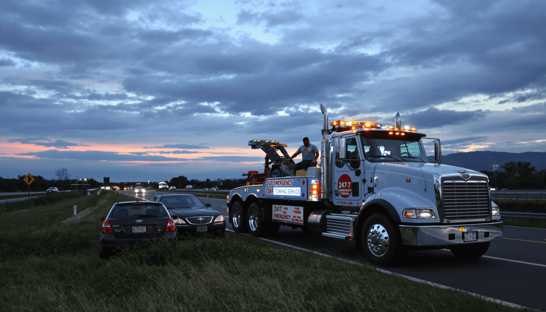 Fast & Reliable Wrecker Service Near Me – 24/7 Help Now 2 Tow truck rescuing a stranded car at dusk on the roadside, with 24/7 emergency towing signage and a cloudy sky over a highway.
