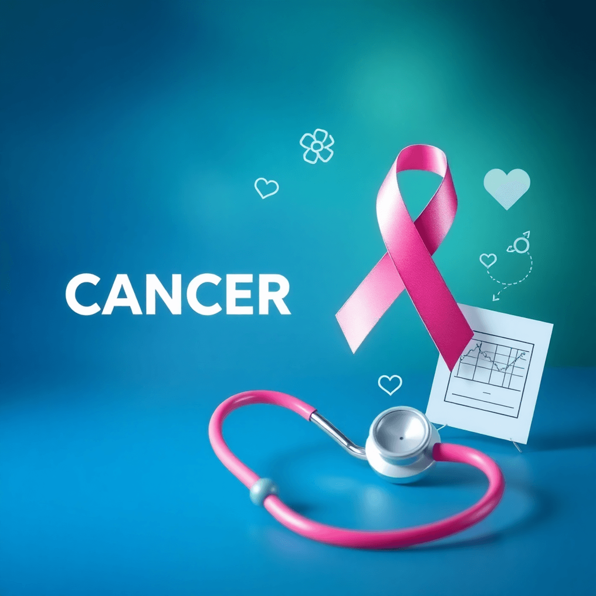 Ayurved Cancer Book 4 कैंसर जागरूकता का प्रतीक, जिसमें कैंसर रिबन, स्टेथोस्कोप और मेडिकल चार्ट शामिल हैं। नीले और हरे रंगों की पृष्ठभूमि में आशा और उपचार का प्रतीक।