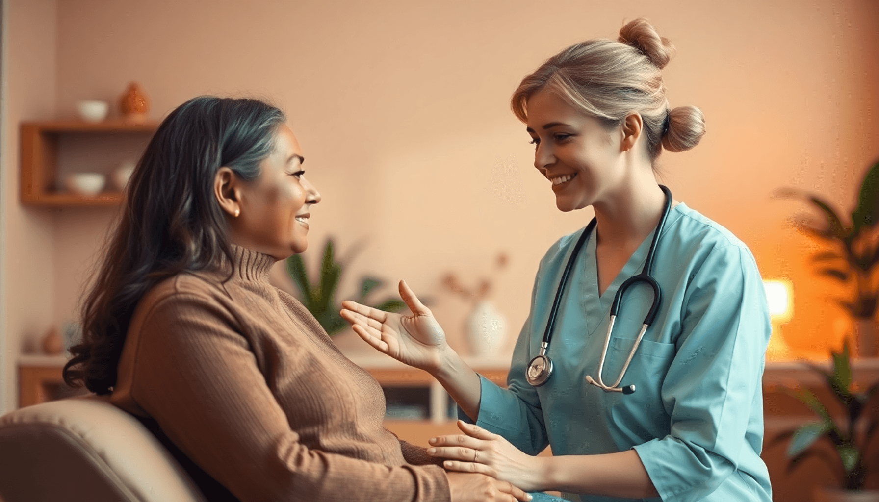 Ayurved Cancer Book 3 एक स्वास्थ्य पेशेवर गर्म क्लिनिक में एक कैंसर मरीज के साथ धीरे से परामर्श कर रहा है, चारों ओर पौधों और कल्याण के प्रतीकों से घिरा हुआ है, समर्थन और सहानुभूति व्यक्त कर रहा है।