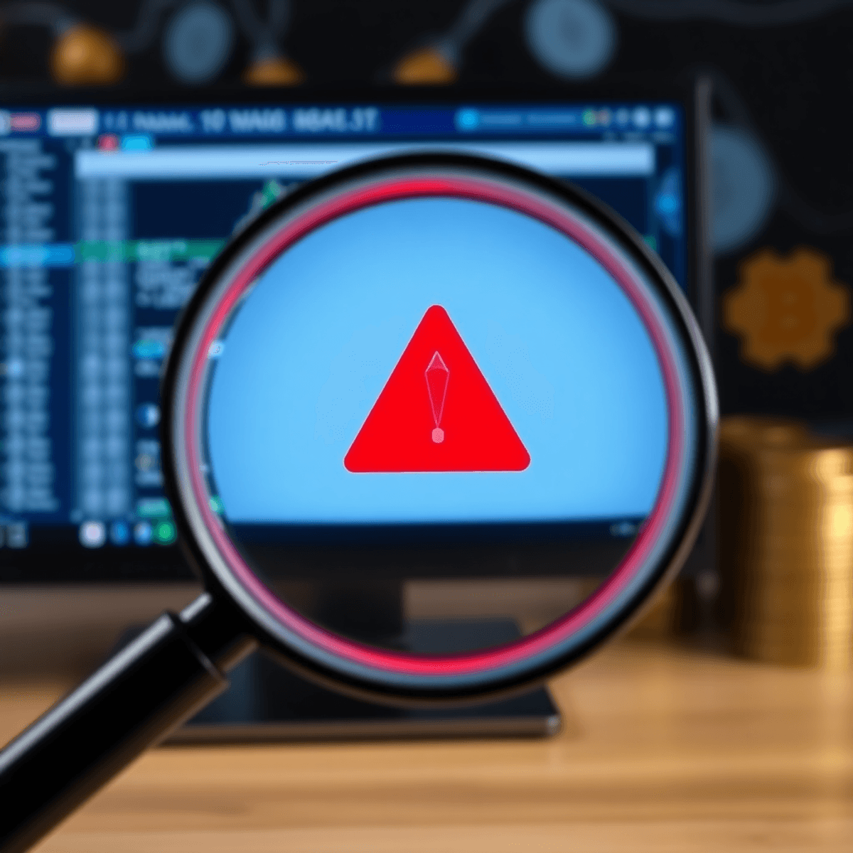 A magnifying glass hovers over a computer screen with a red warning symbol, surrounded by faint digital currency symbols, conveying caution about online investment platforms.