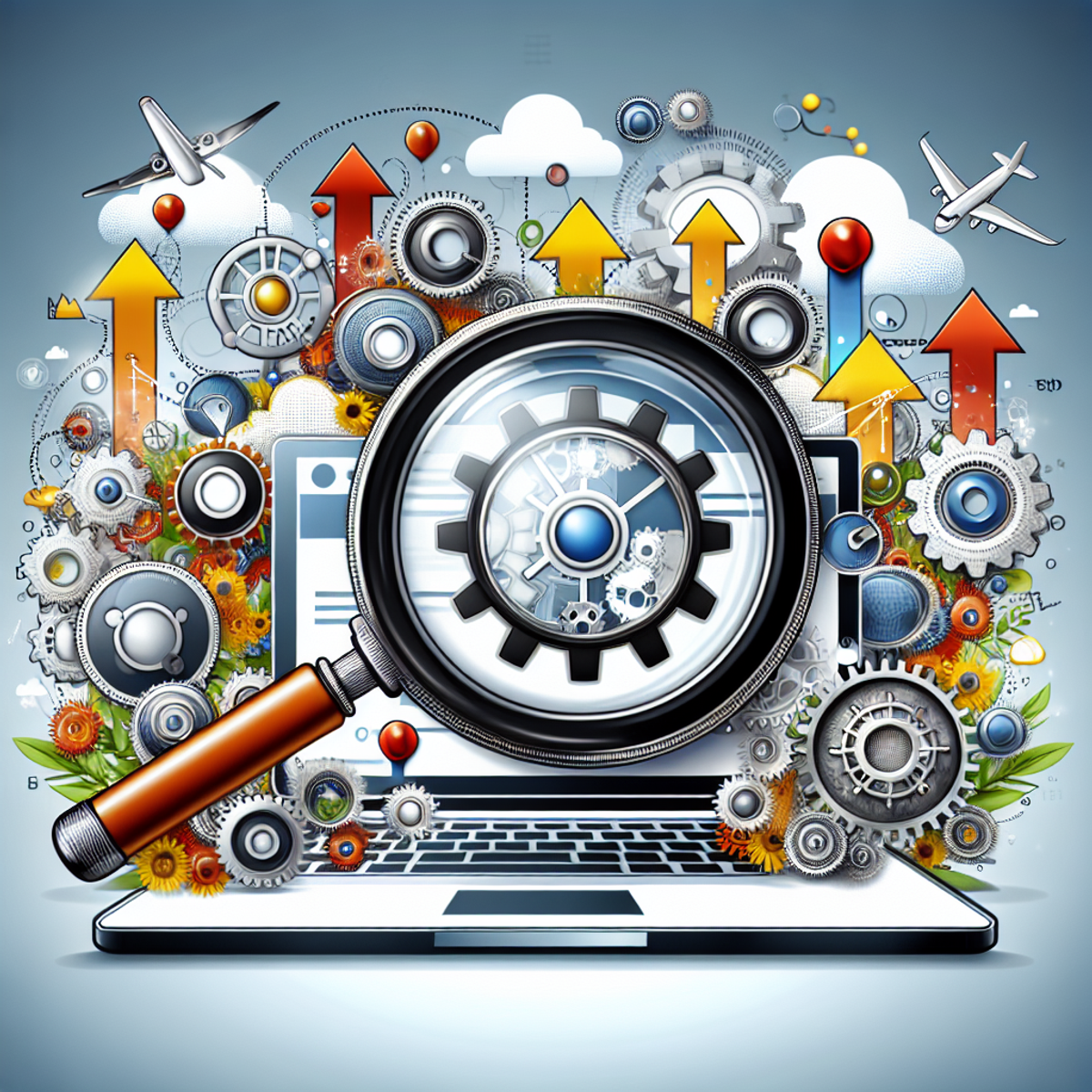 A large magnifying glass hovers over a computer screen displaying a symbolic website, surrounded by floating gears and cogs. Arrows indicate upward movement, representing web positioning.