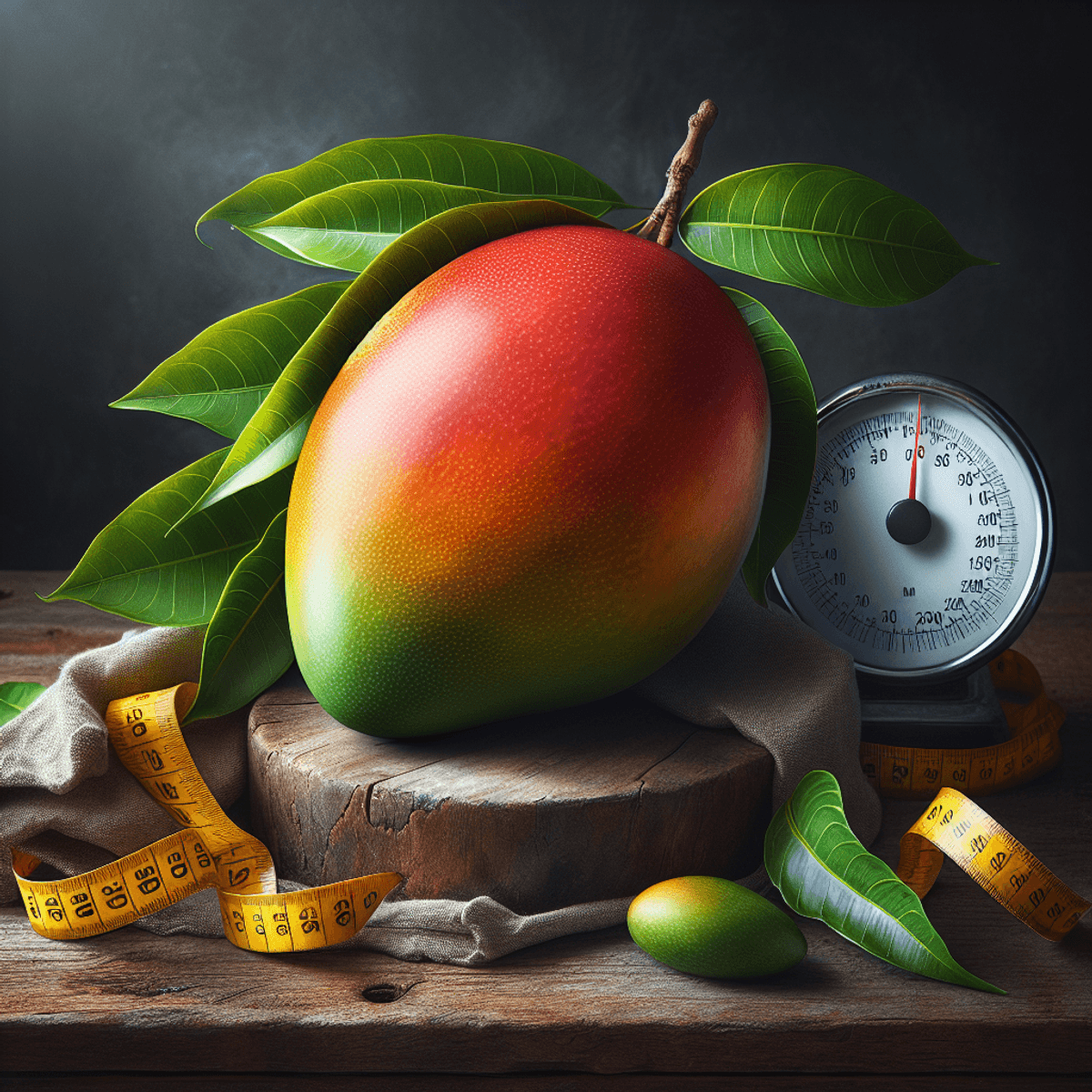 A vibrant African Mango rests on a rustic wooden table, showcasing its unique shape and rich orange-yellow color. Surrounding the mango are lush green leaves that create a natural backdrop. In the background, a faint outline of a measuring tape is subtly integrated, symbolizing health and weight loss, without any text present in the image.