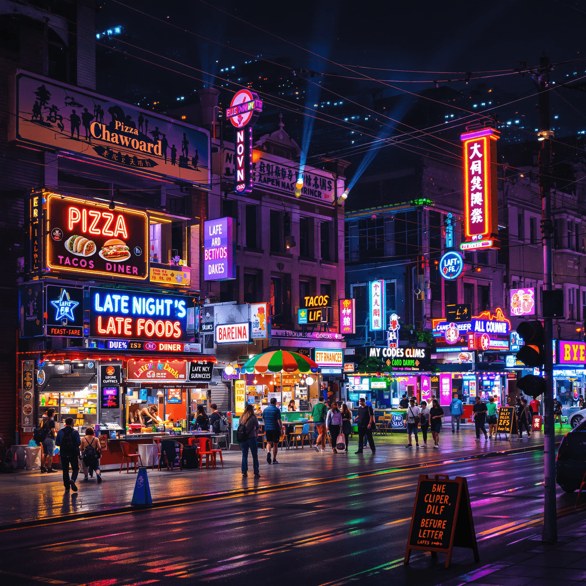 Late Night Food – Best Places & Delivery Options Near You 2 Nighttime city street with colorful food trucks and diners lit by neon signs, serving pizza, tacos, and sandwiches in a lively urban setting.