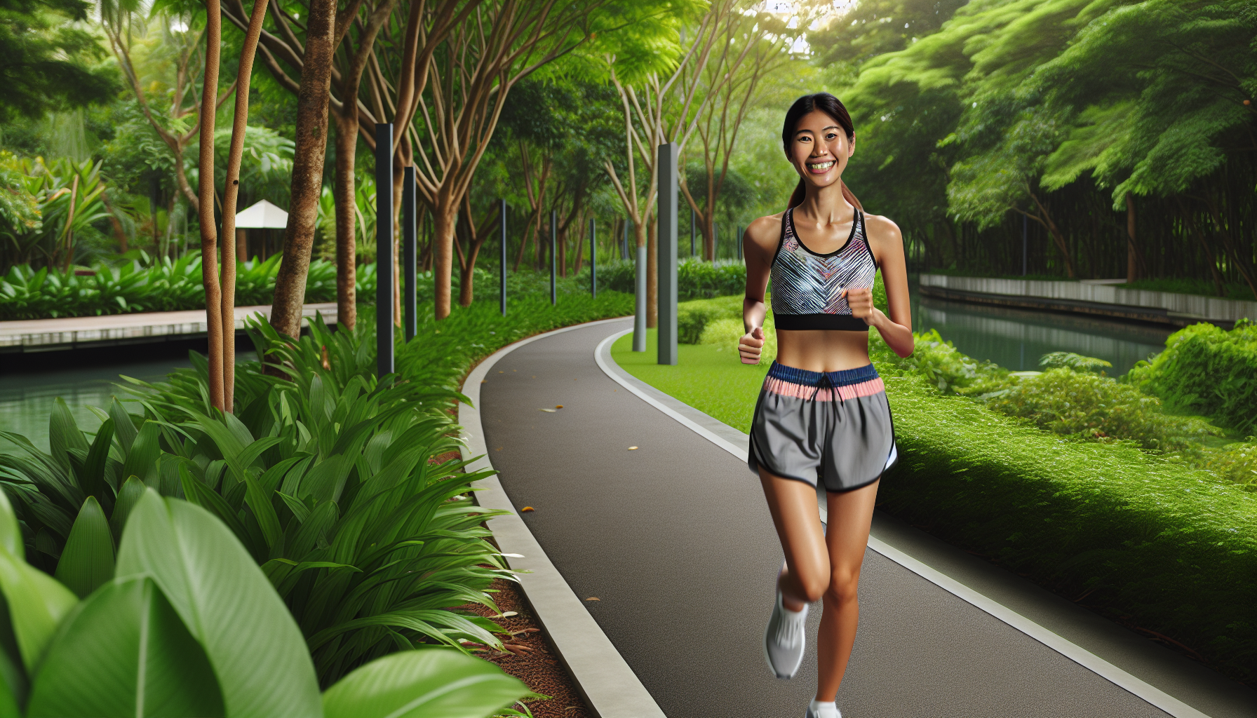 An Asian woman wearing sporty attire smiles while jogging on a lush green path.