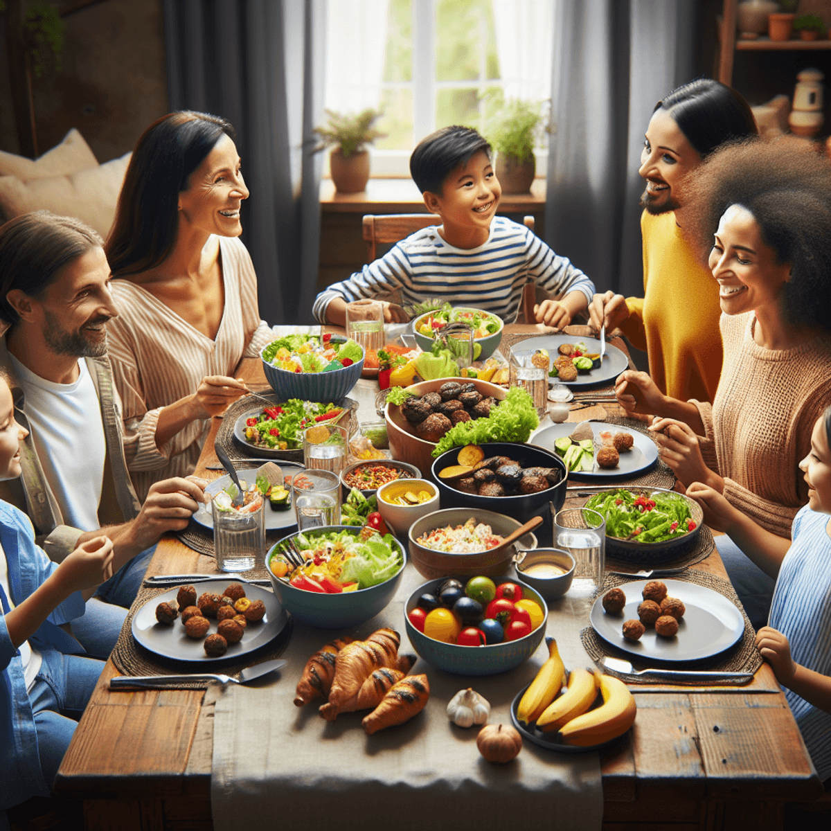 A diverse family gathered around a dining table filled with colorful, healthy food including salads, oven-baked meatballs, and vibrant vegetables, engaged in lively conversation with smiles on their faces, showcasing warmth and togetherness.