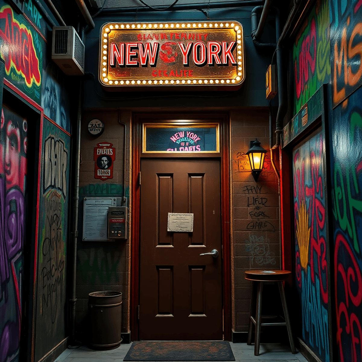 A hidden speakeasy entrance in New York City, adorned with street art and graffiti, featuring a vintage sign and colorful murals that evoke creativity and mystery.
