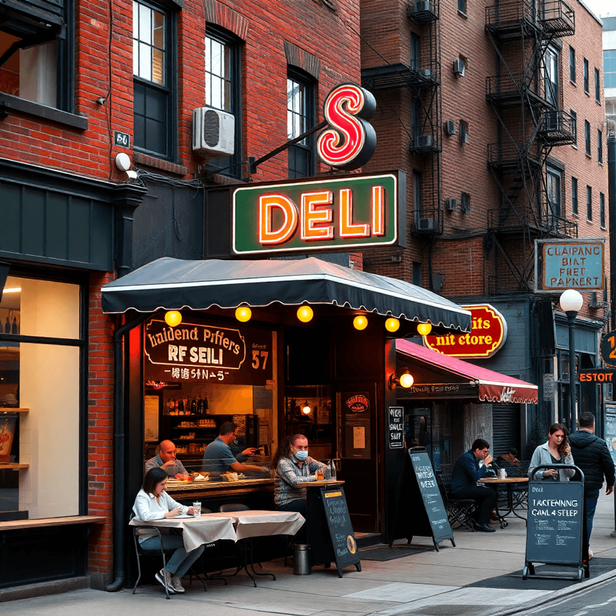 A cozy NYC street scene with a charming deli featuring a neon sign, surrounded by brick buildings and people enjoying meals outside, creating a warm atmosphere.