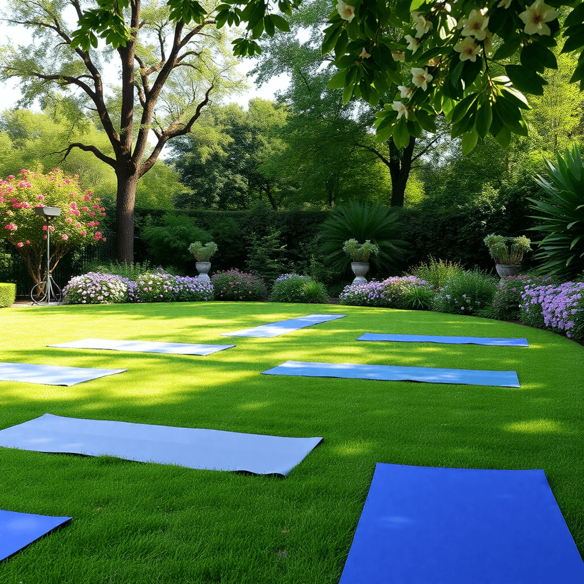 A tranquil outdoor garden with lush greenery and blooming flowers, featuring yoga mats on the grass, inviting participants to practice yoga and connect with nature.