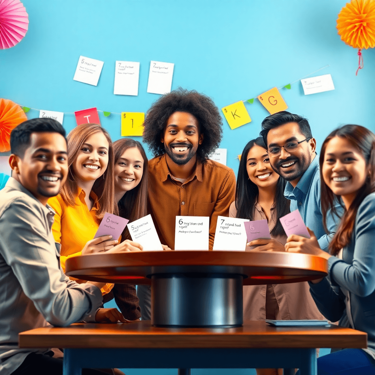 A diverse group of employees gathered around a table, smiling and engaged in a trivia quiz, surrounded by colorful decorations and fun trivia question cards.