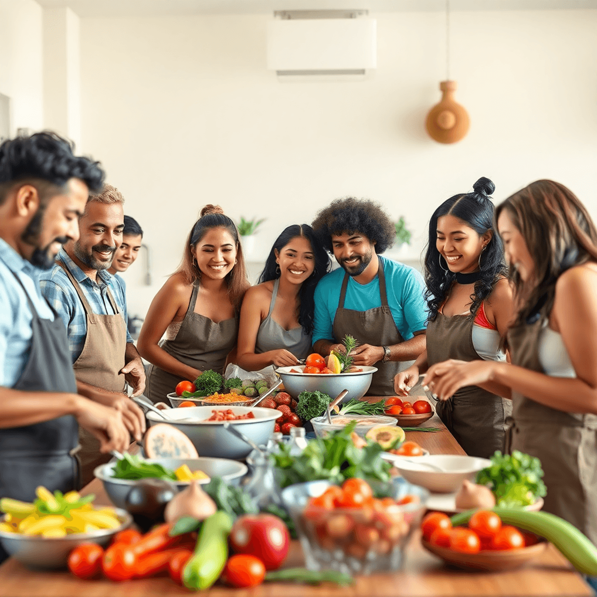 A lively cooking class scene with a diverse group of people enjoying colorful ingredients and fresh produce, set in a bright, cheerful atmosphere reflecting Miami's coastal charm.