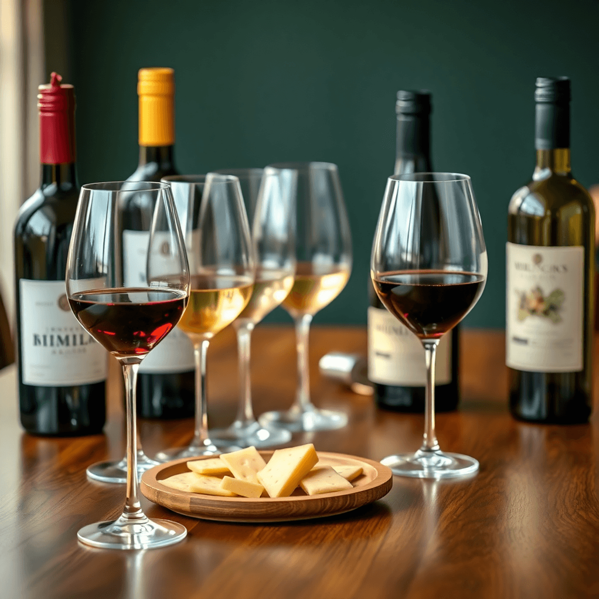 A close-up of a wooden table set for wine tasting, showcasing filled wine glasses, labeled bottles, and a plate of cheese and crackers, with a softly blurred background.
