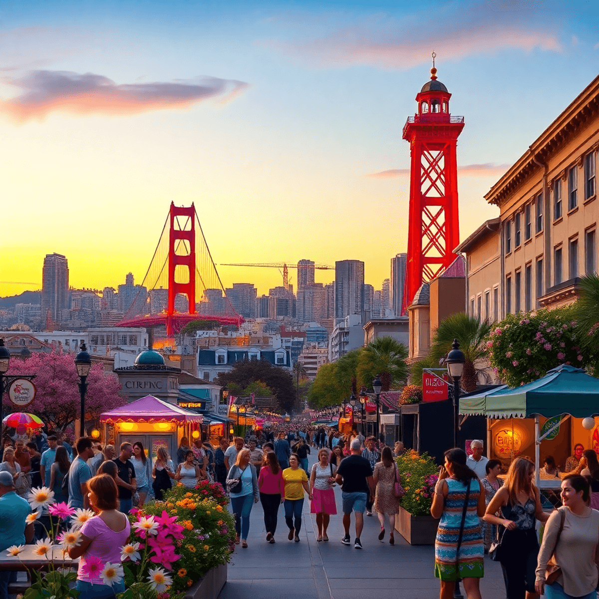 A vibrant San Francisco skyline at dusk, showcasing the Golden Gate Bridge and Coit Tower, with lively street scenes, blooming spring flowers, and a festive atmosphere.