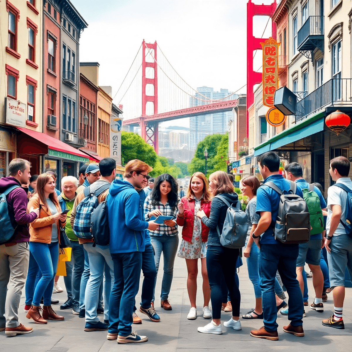 A lively outdoor scene of people participating in a scavenger hunt in San Francisco, with the Golden Gate Bridge and Chinatown shops in the background, showcasing teamwork and excitement.