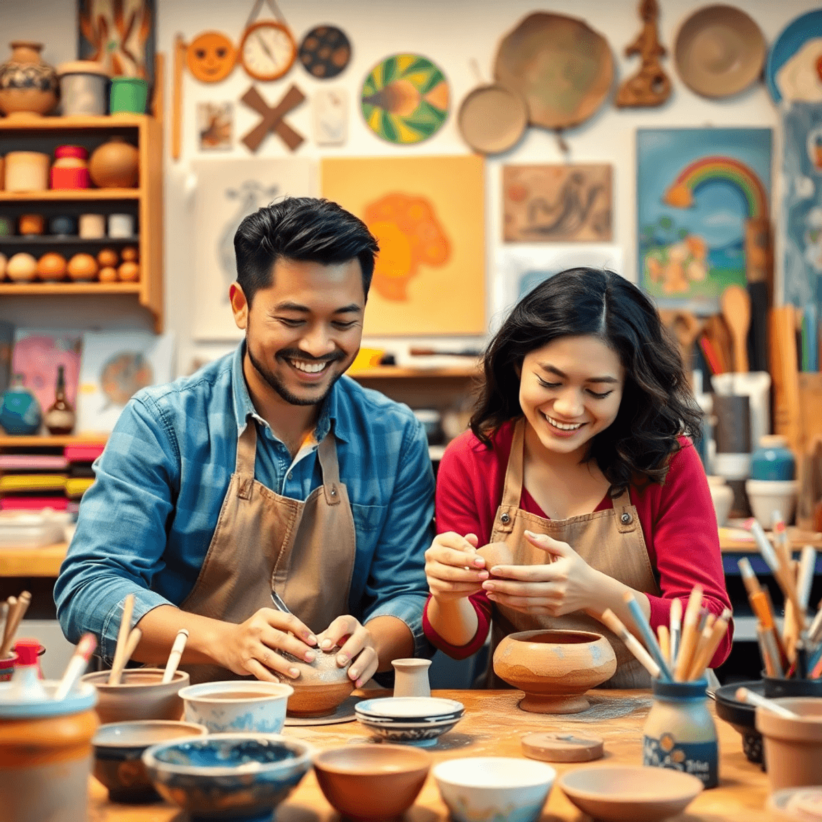 A couple joyfully working on a pottery project in a colorful craft workshop, surrounded by art supplies and tools, capturing the creative spirit of an artistic studio.