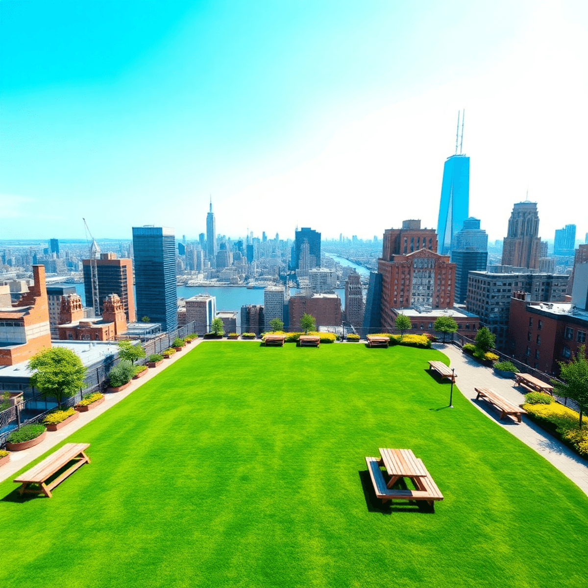 A vibrant rooftop park in New York City with green lawns, bleachers, and panoramic views of the Hudson River and Manhattan buildings under a clear blue sky.