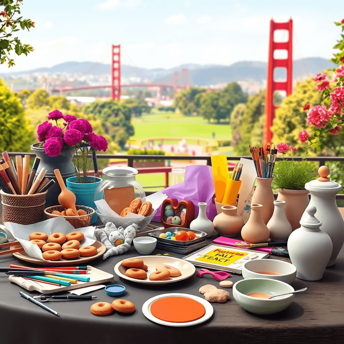 A lively scene of DIY workshops in San Francisco, featuring a table with baking ingredients, art supplies, pottery tools, cookies, and clay sculptures, with Golden Gate Park in the background.