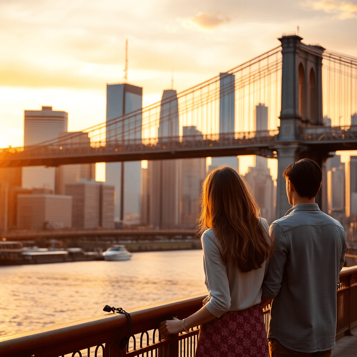 A romantic sunset view of the Brooklyn Bridge with the Manhattan skyline, bathed in warm golden hour light, creating a serene and adventurous atmosphere.