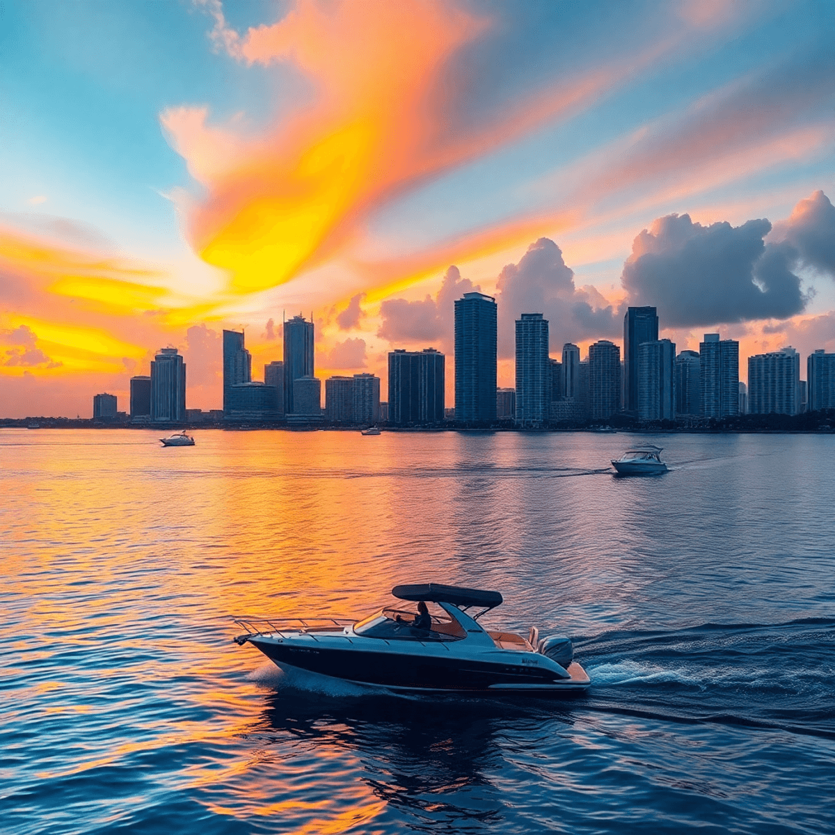 A sunset bay cruise scene with a vibrant Miami skyline, clear waters reflecting colorful skies, and a silhouette of iconic buildings with a boat gliding peacefully.