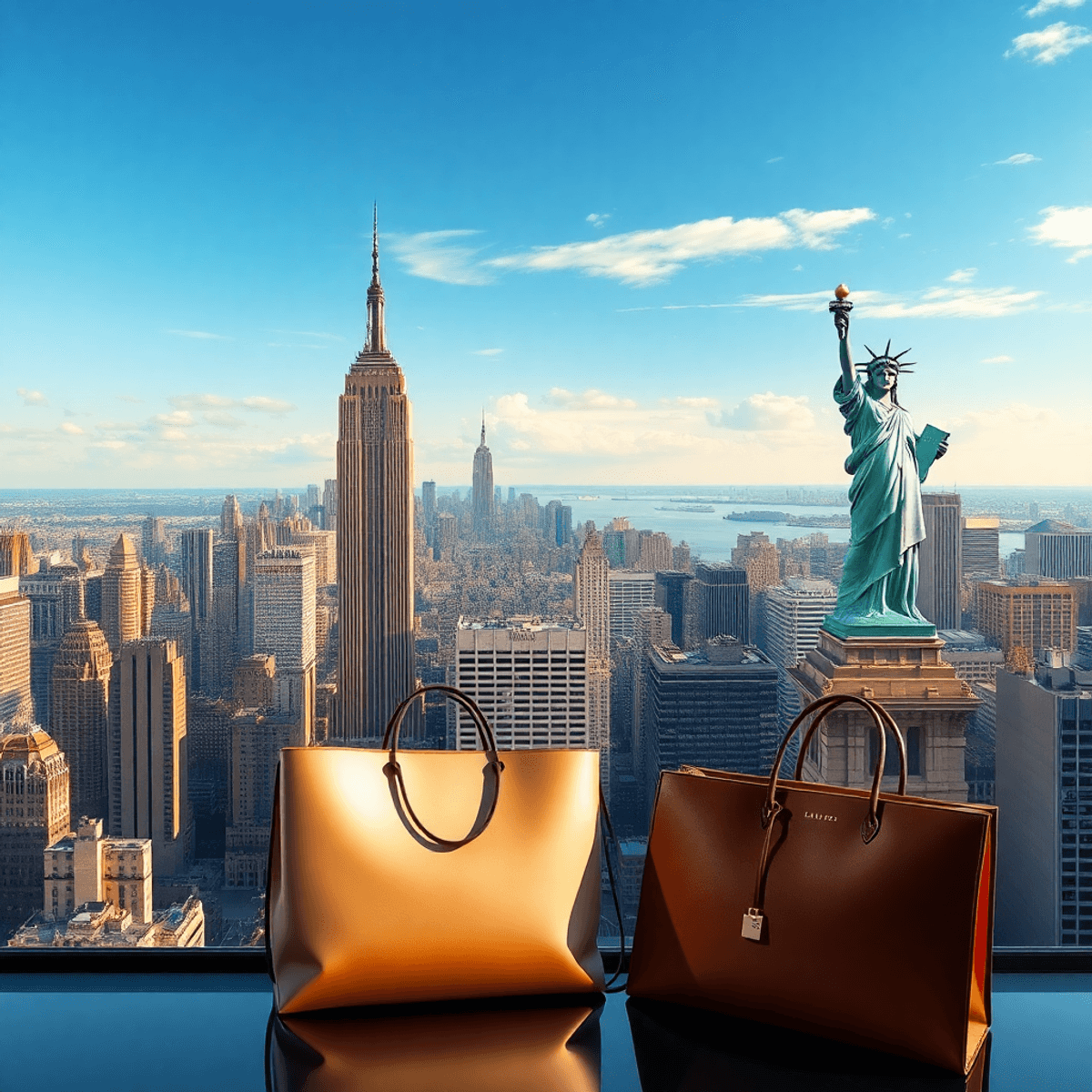 A stunning skyline view of New York City showcasing the Empire State Building and Statue of Liberty, with a private helicopter and a stylish shopping bag.