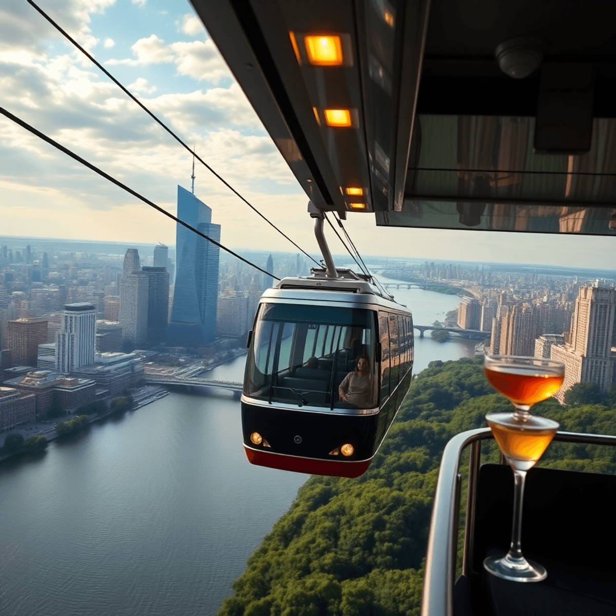 Aerial view of the Roosevelt Island Tramway over Manhattan, highlighting lush greenery, the East River, and elegant architecture amidst a striking urban skyline.