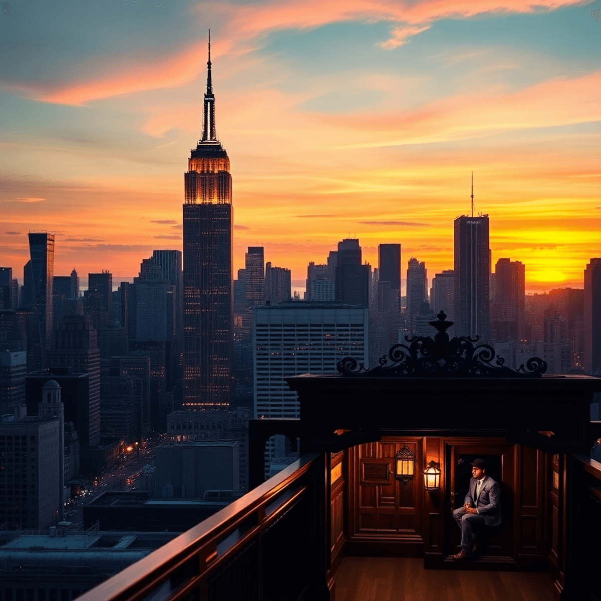 New York City's skyline at sunset, showcasing the Empire State Building and glowing Times Square lights, with hints of hidden gems like a subway station and speakeasy entrance.