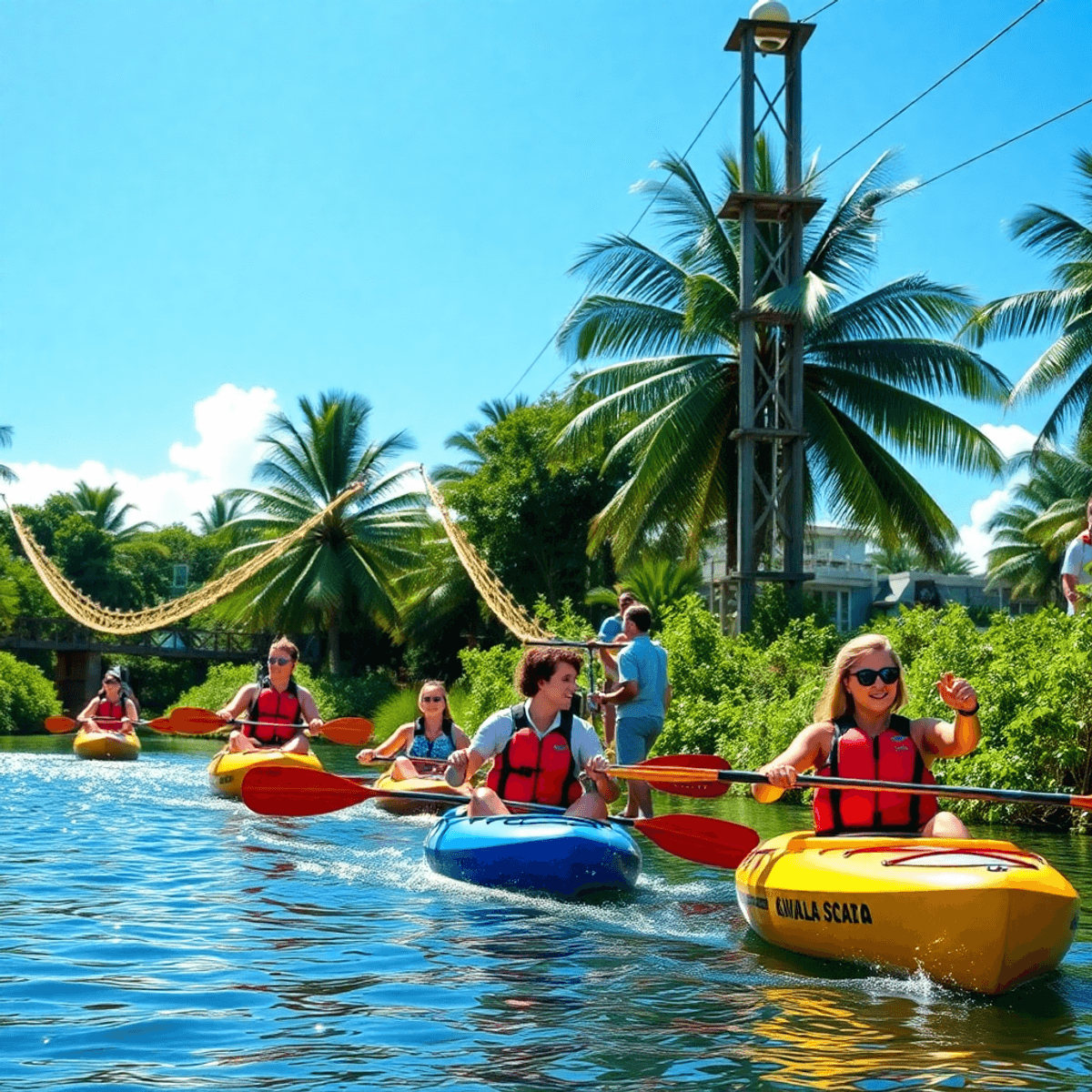 A lively outdoor scene in Miami with a group of professionals participating in kayaking and a ropes course, surrounded by greenery and sparkling water under a clear blue sky.