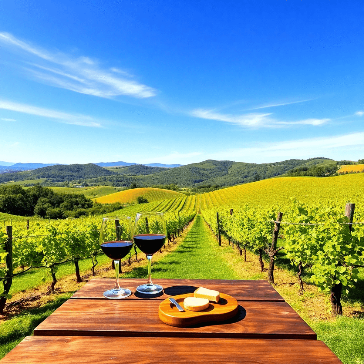 A picturesque Napa Valley vineyard with rolling hills and lush grapevines under a clear blue sky, featuring a rustic table set for wine tasting with glasses and a cheese platter.