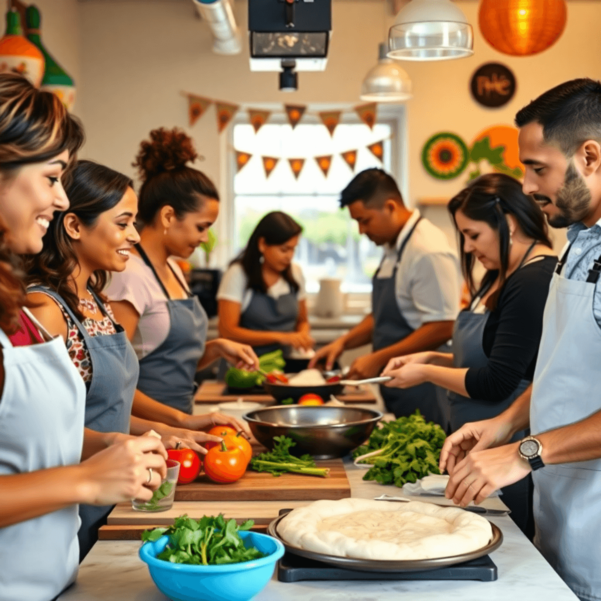 A lively cooking class in a bright kitchen, with participants engaged in preparing colorful ingredients for artisanal bread or pizza, surrounded by cheerful decorations.