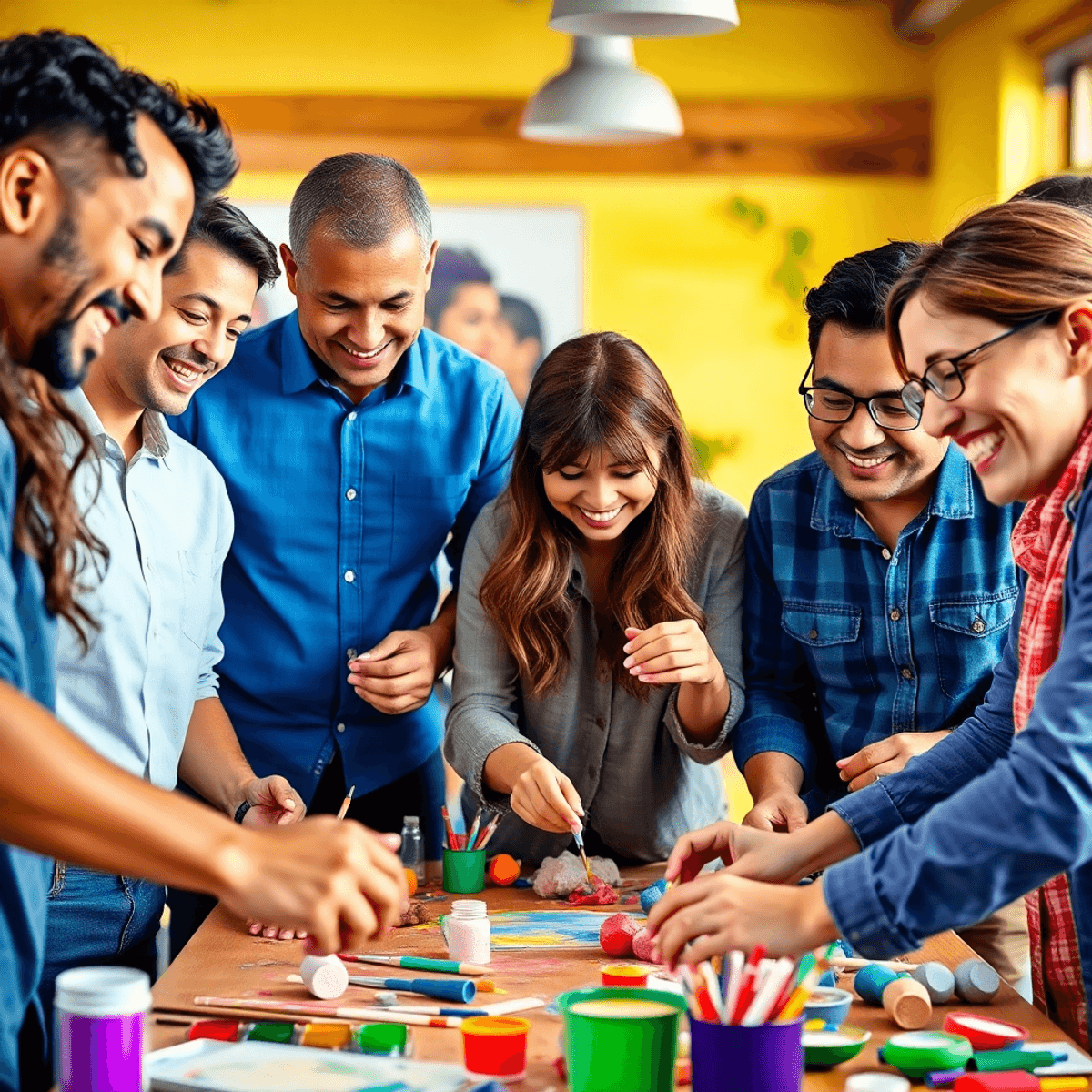 A diverse group of colleagues smiles and collaborates in a vibrant arts and crafts workshop, surrounded by colorful supplies like paints and clay, showcasing teamwork and creativity.