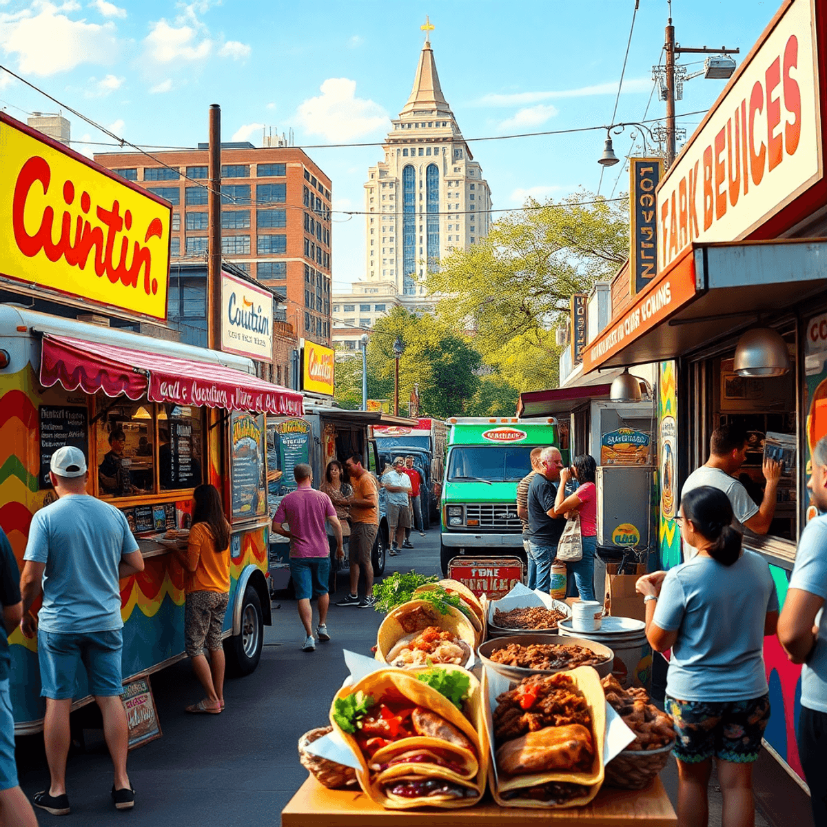 A bustling Austin street scene featuring colorful food trucks serving breakfast tacos and barbecue, with fresh ingredients and happy patrons enjoying their meals.