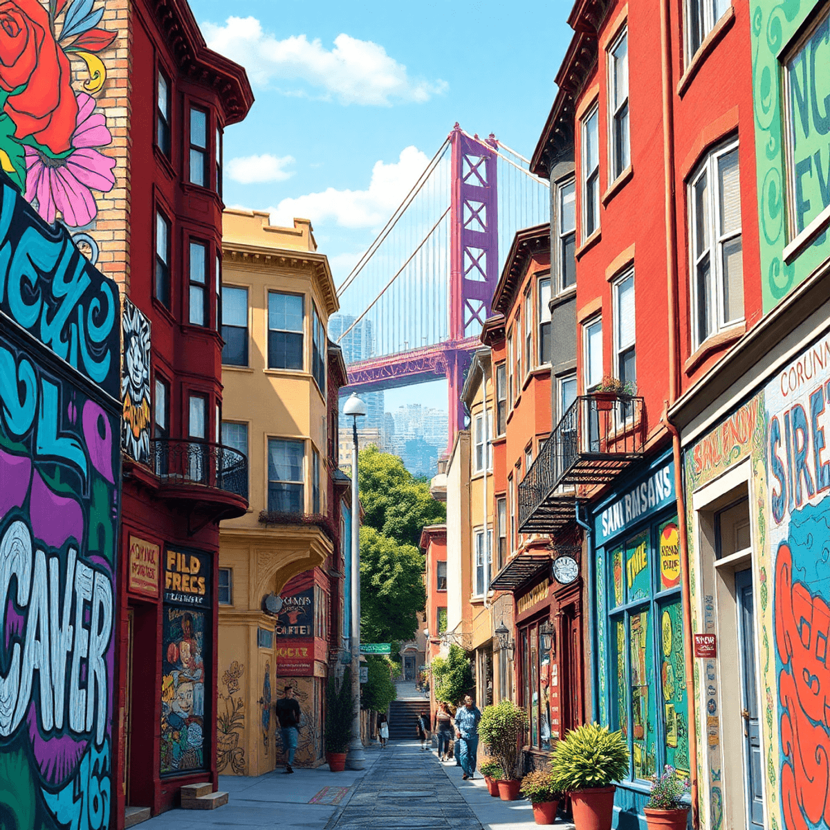 A lively San Francisco street scene featuring colorful murals, historic buildings, coffee shops, and hidden staircases, with the Golden Gate Bridge in the background.