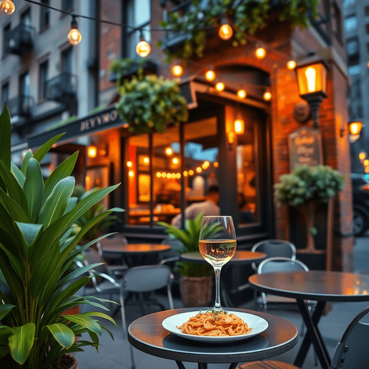 A cozy New York City bistro with outdoor seating, string lights, a delicious plate of pasta, a glass of wine, and lush plants in warm evening light.