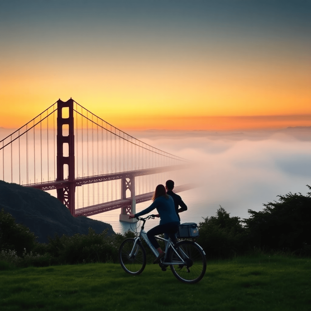 A couple rides a tandem bike in the foreground of a romantic sunset view of the Golden Gate Bridge, surrounded by lush greenery and soft fog.
