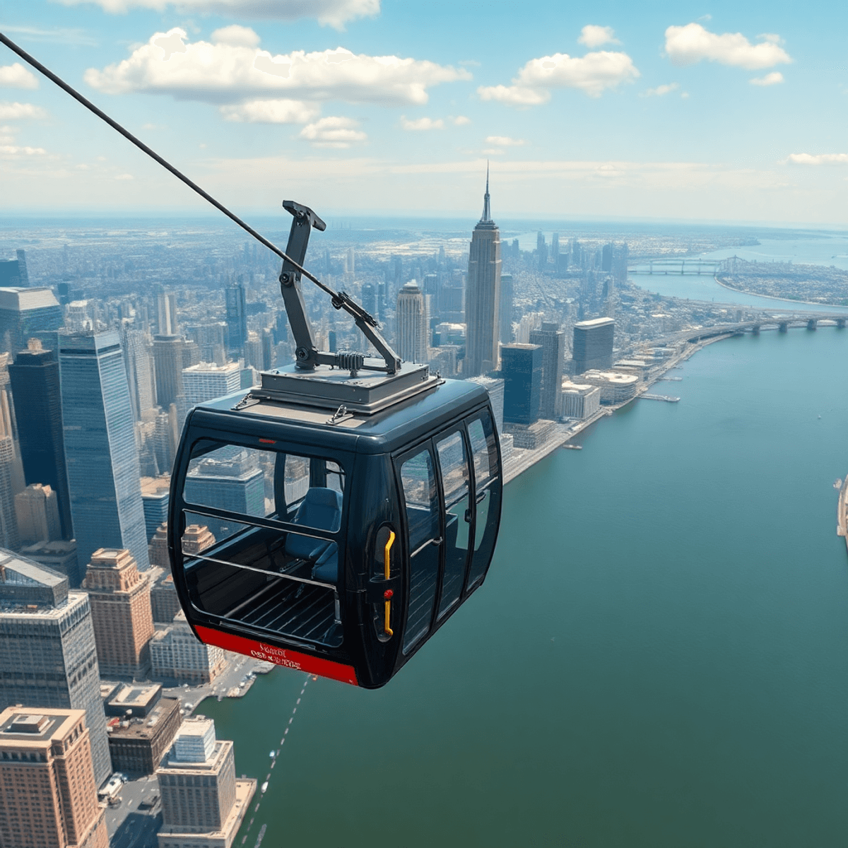 Aerial view of New York City's skyline featuring the Roosevelt Island Tramway with glass cabins above the East River, showcasing iconic buildings and vibrant city energy.