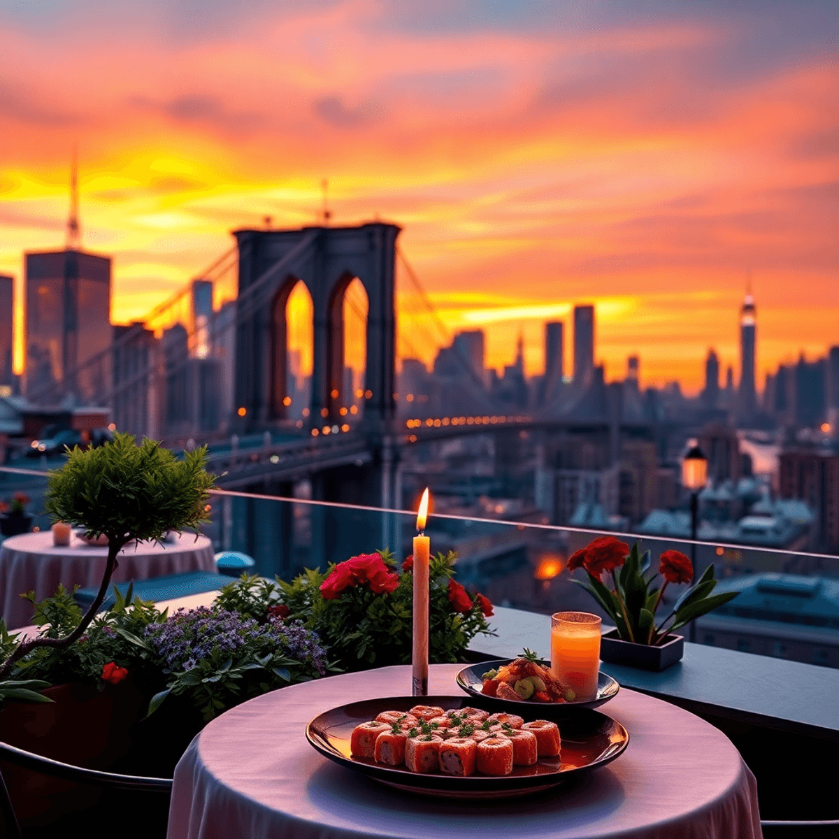A romantic sunset view of New York City, showcasing the Brooklyn Bridge and a rooftop garden with a candlelit table for two and sushi, creating an intimate ambiance.