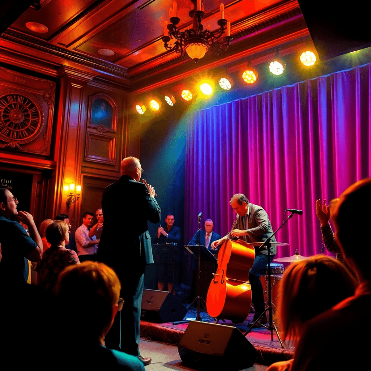 A jazz musician performs passionately on stage, surrounded by warm lighting and an engaged audience in a historic theater, capturing the vibrant essence of live jazz.
