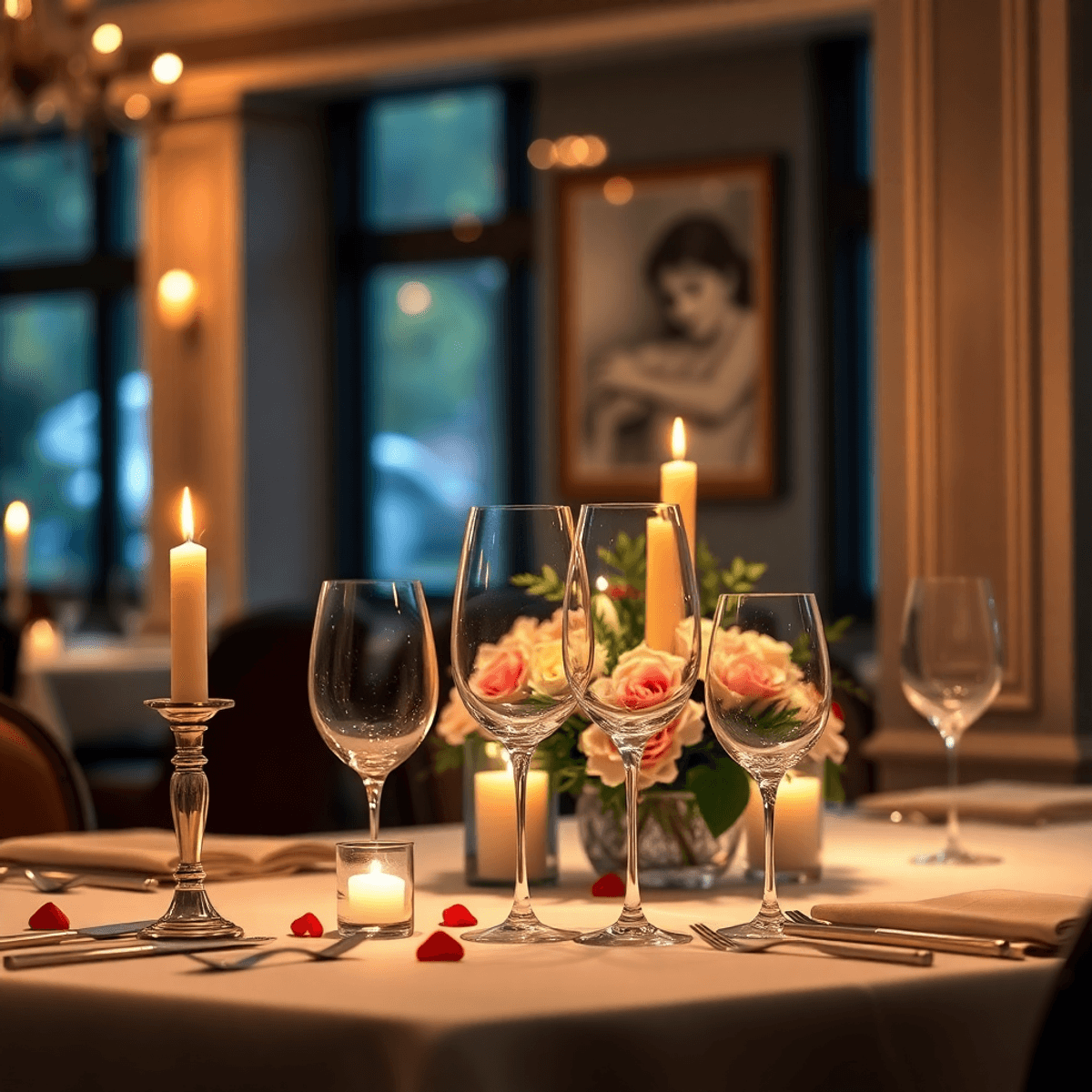 An elegantly set dining table with candlelight, fine wine glasses, and a floral centerpiece, surrounded by a cozy restaurant ambiance with soft lighting.