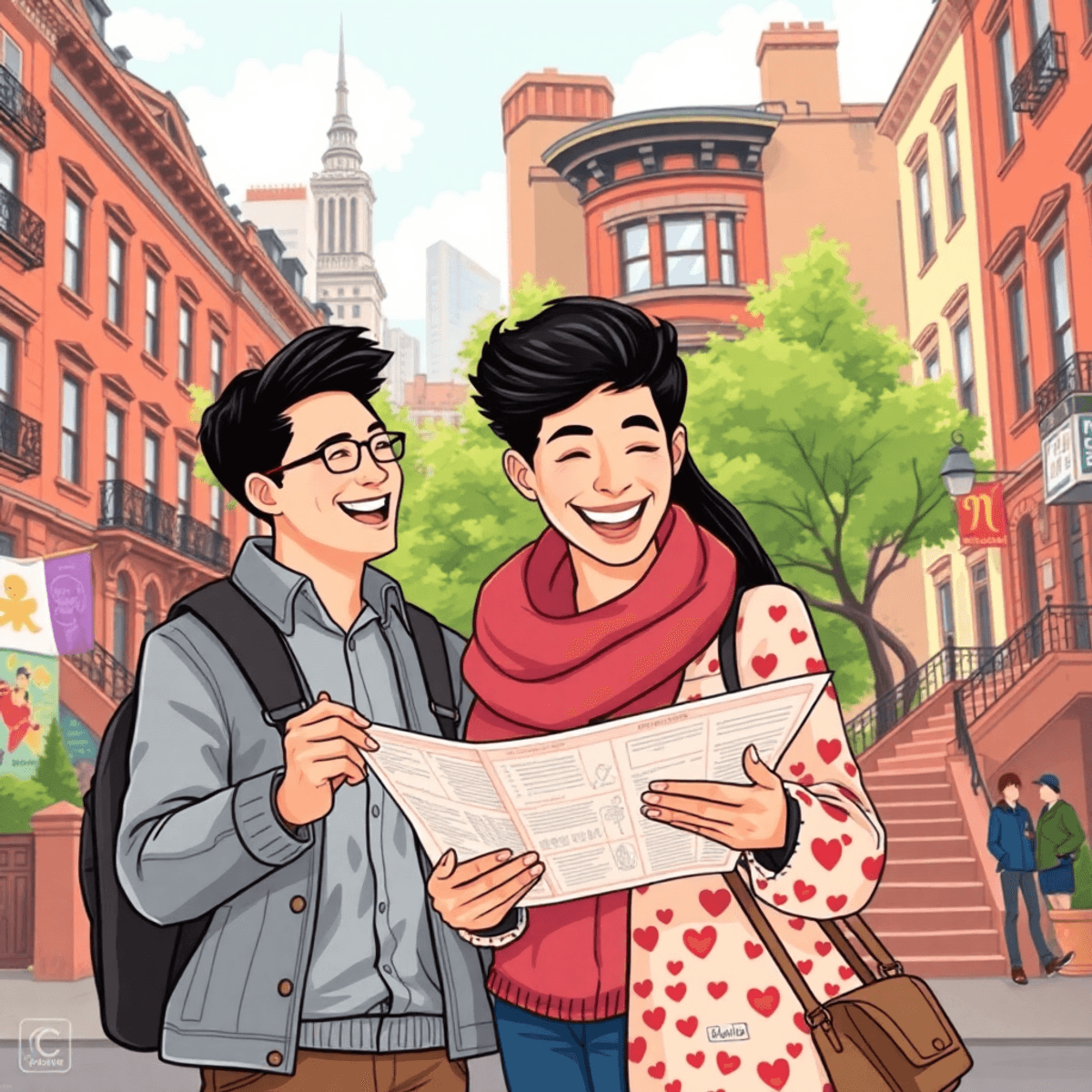 A vibrant illustration of a couple laughing and exploring a scavenger hunt in New York City, surrounded by brownstone buildings, street art, and hints of Central Park.