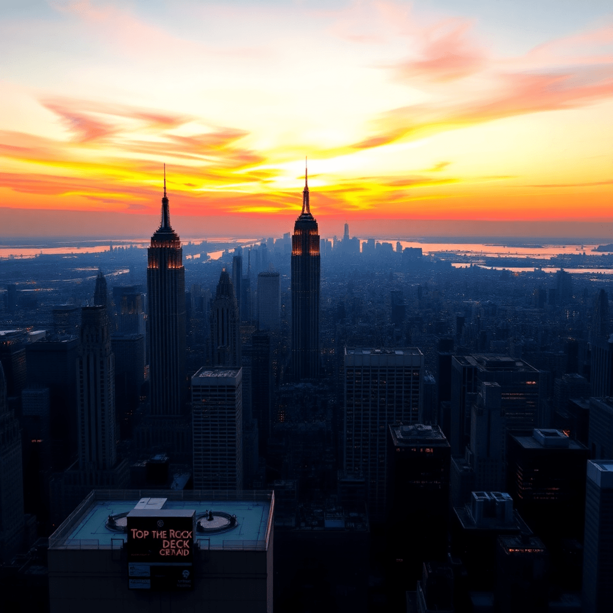 A breathtaking sunset skyline of New York City showcasing the Top of the Rock, with vibrant colors and iconic landmarks like the Empire State Building and Central Park.