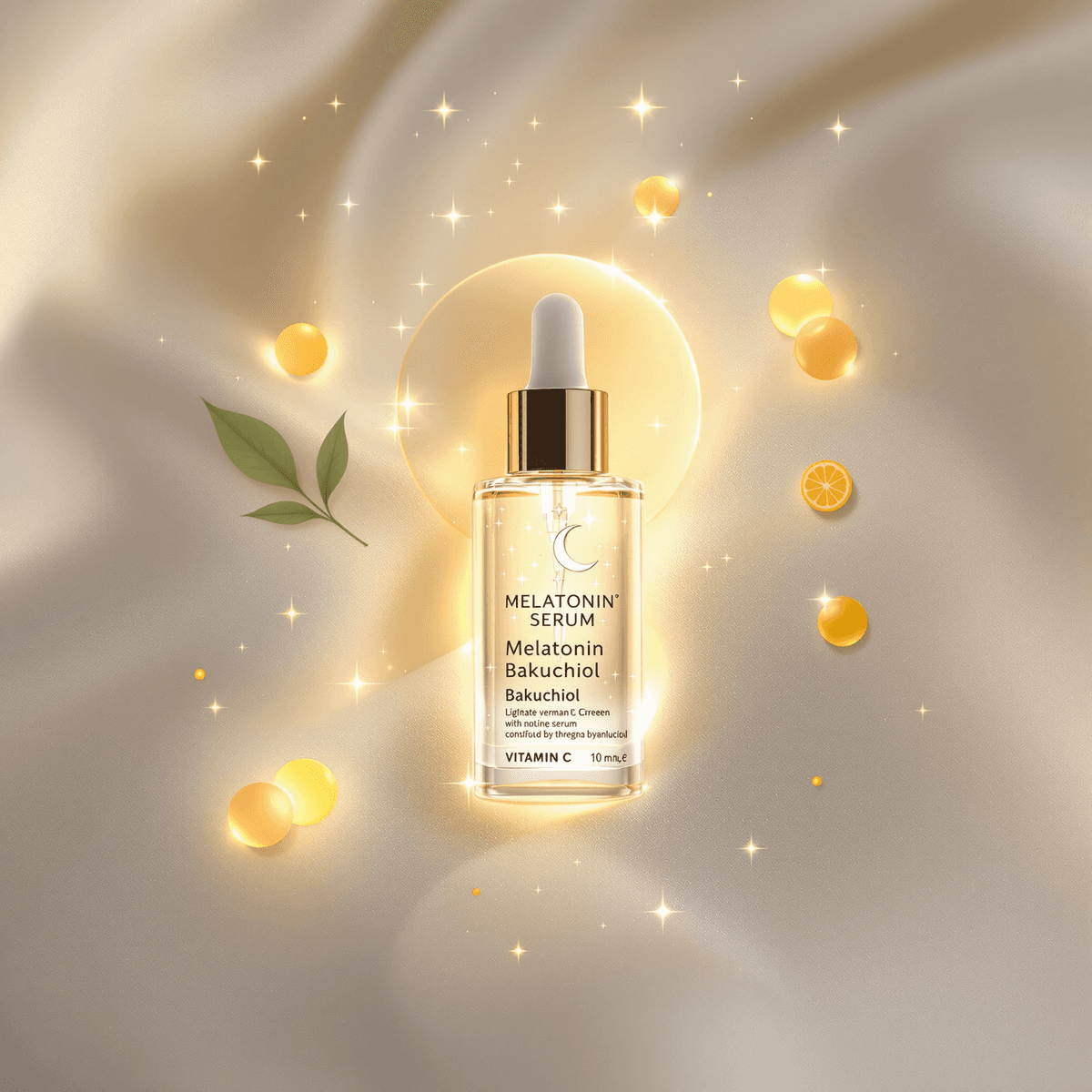 Translucent serum bottle glowing softly with moon, stars, green leaves, and bright citrus orbs over smooth radiant skin background.