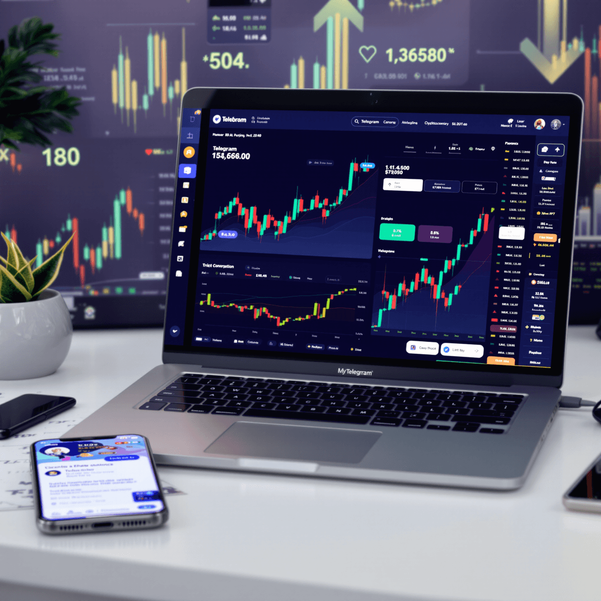 A vibrant digital workspace with a laptop showing cryptocurrency charts and a smartphone displaying a Telegram notification, set against subtle financial graphs.
