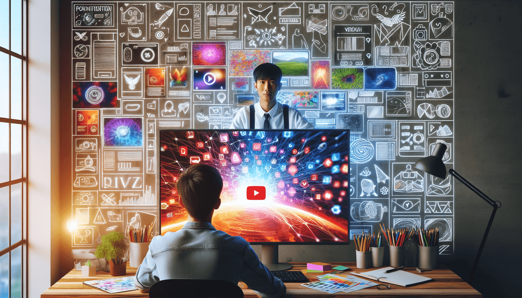 A computer monitor displaying vibrant thumbnails from a video sharing platform, with a person of Asian descent sitting in front, their eyes shining with inspiration. The background features sketches on the walls and various design tools scattered around, enhancing the creative atmosphere.