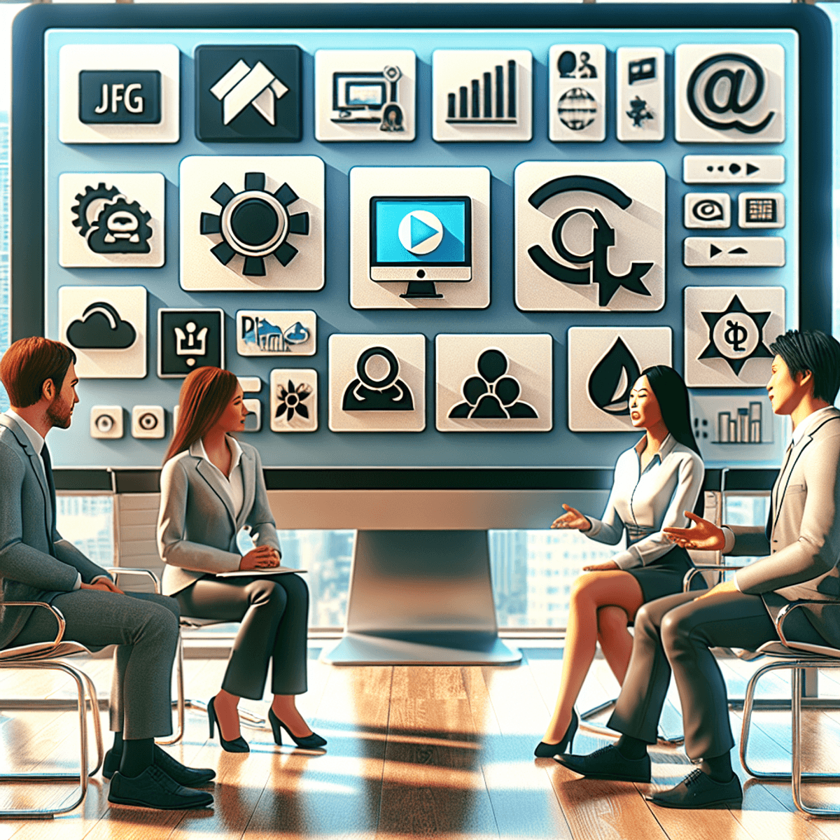 A bright office scene featuring a high-resolution computer screen displaying various icons for image formats like JPEG, PNG, GIF, and video thumbnails. In the foreground, a diverse group of professionals, including an Asian woman and a Caucasian man, are engaged in a productive discussion, attentively listening to their colleagues. The environment is welcoming and well-lit, emphasizing collaboration and diversity in the modern workplace.