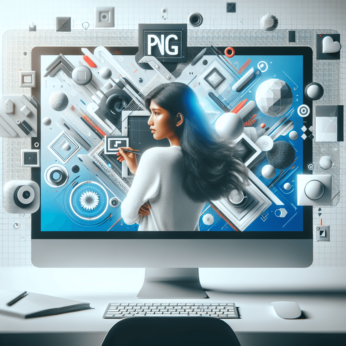 A South Asian female graphic designer focused on her bright desktop computer screen, which displays a high-resolution PNG image with transparency. She is surrounded by abstract forms, geometrical shapes, and digital icons, creating an inspiring atmosphere of creativity and digital media.