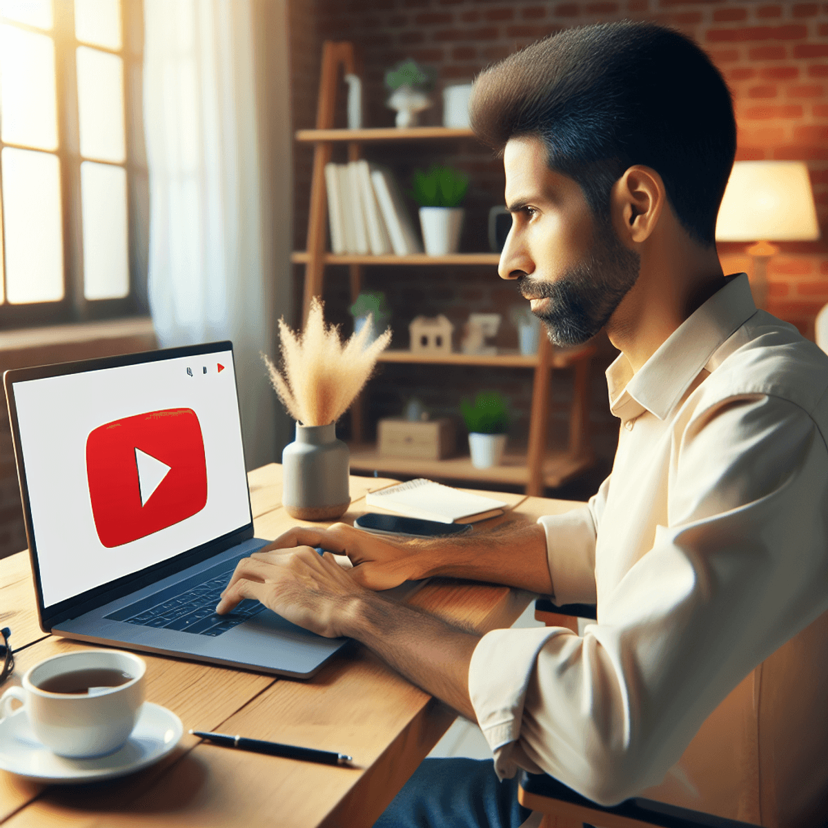 A focused Hispanic individual sits at a stylish wooden desk in a warm home office, engaging with a laptop displaying the iconic YouTube play symbol on the screen. The person is pointing at the screen, fully immersed in selecting a video. The office is adorned with decorative indoor plants that bring life to the space, and a cozy, ergonomic chair supports their posture. A steaming cup of coffee rests beside the laptop, while soft, diffuse lighting from a nearby window creates an inviting atmosphere, emphasizing the theme of online browsing and technology.