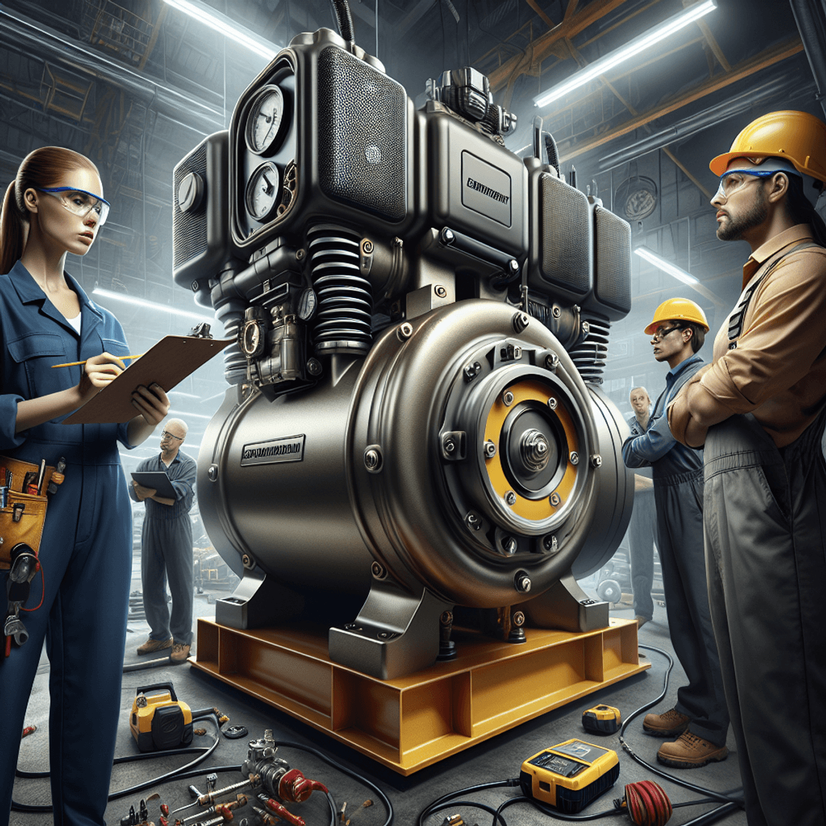 A hyper-realistic image of a robust piston air compressor in an industrial factory setting, featuring a Caucasian woman with safety glasses and a clipboard, alongside a Hispanic man in a safety helmet and overalls, both inspecting the compressor with focused expressions. The scene highlights the compressor's sturdy construction and advanced technology, surrounded by equipment and machinery typical of an active workshop.