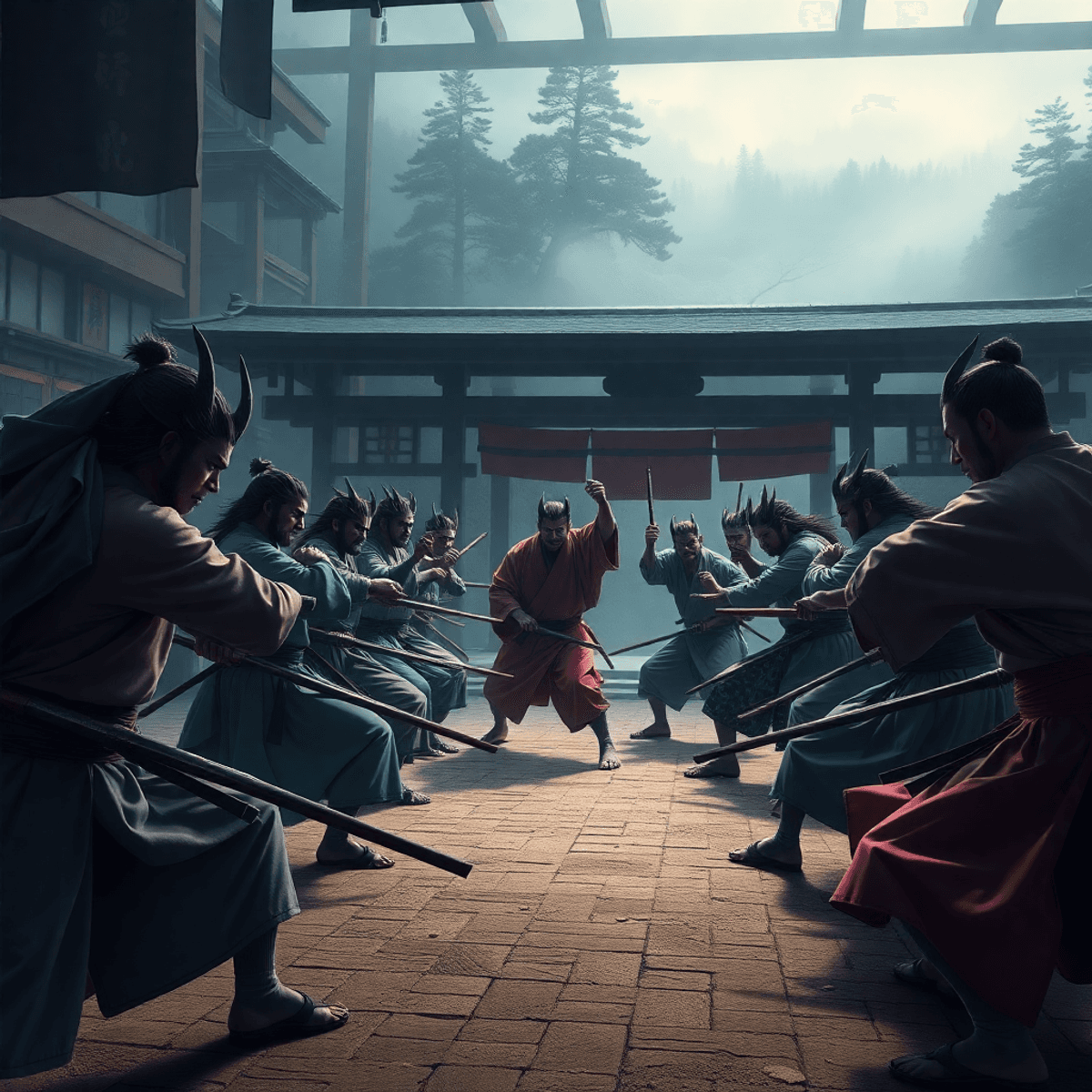 A group of demon slayers in traditional Japanese attire training intensely in a mountain dojo with dramatic lighting and a misty forest background.