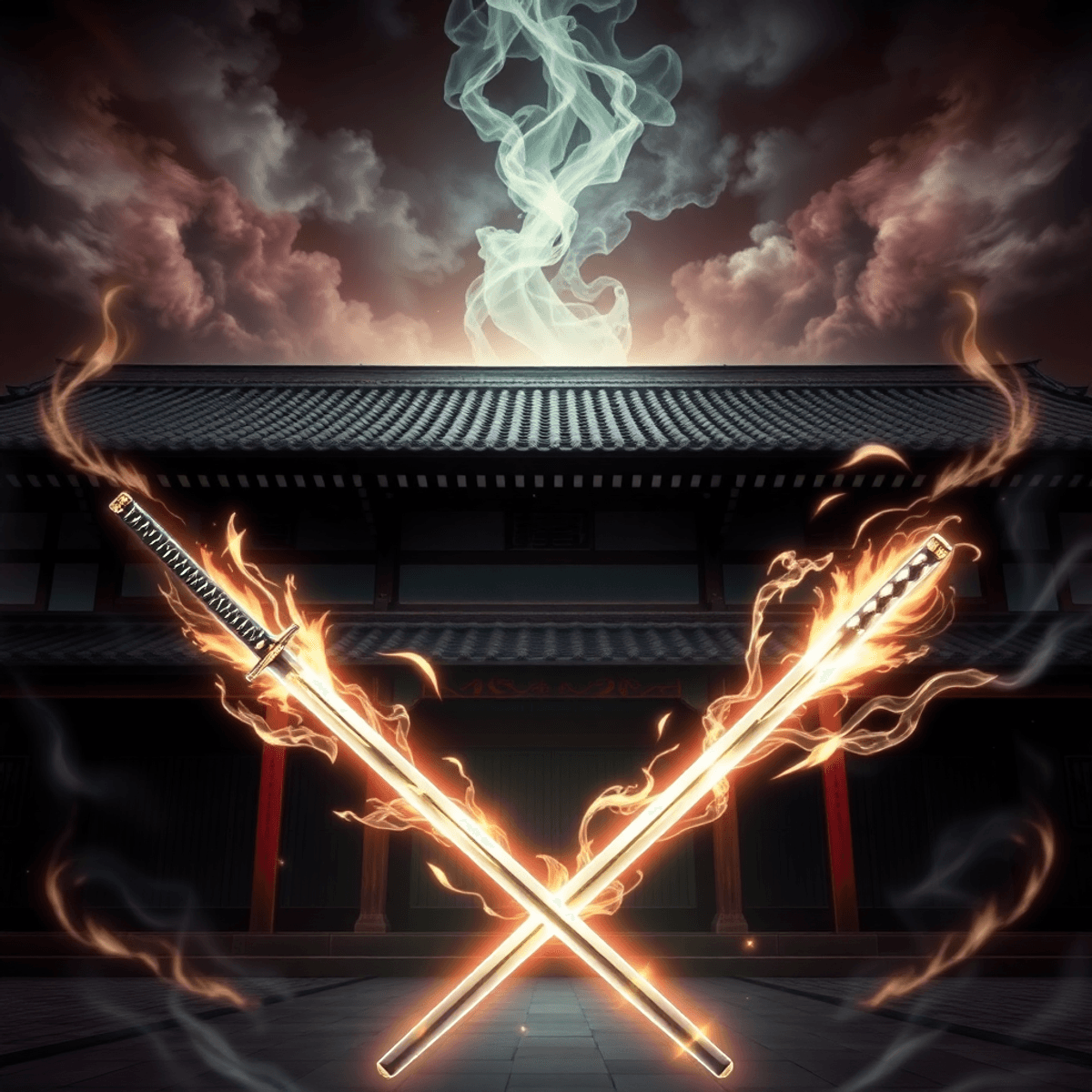 Glowing swords crossed before traditional Japanese Taisho-era buildings, surrounded by swirling mystical energy in a dark, supernatural atmosphere.